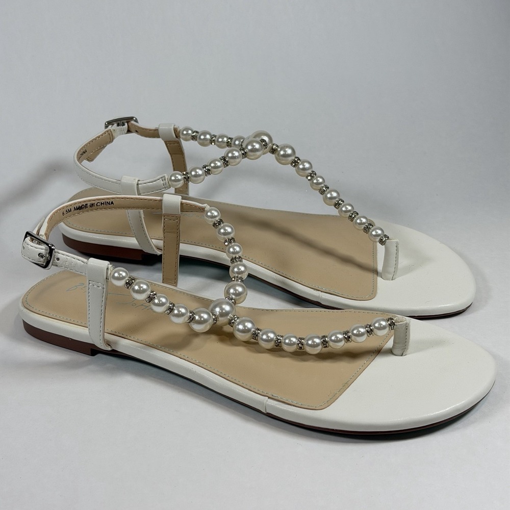 Hersey Johnson Size-6.5 Women Flat‎ Sandals Gal Pearl Strap White - Picture 3 of 11